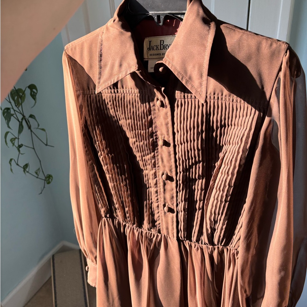 VTG 1960s Jack Bryan Chocolate Brown Pleated Chiffon Lantern Sleeve Midi Dress - Picture 7 of 9